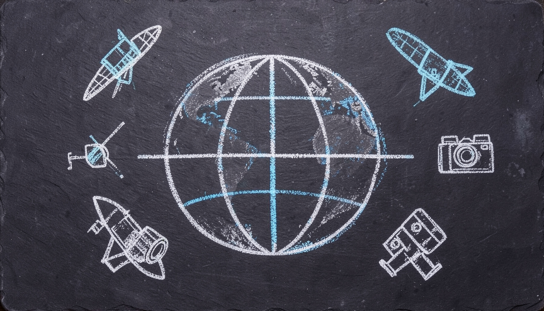 Chalk-drawn globe with latitude and longitude grid on dark slate